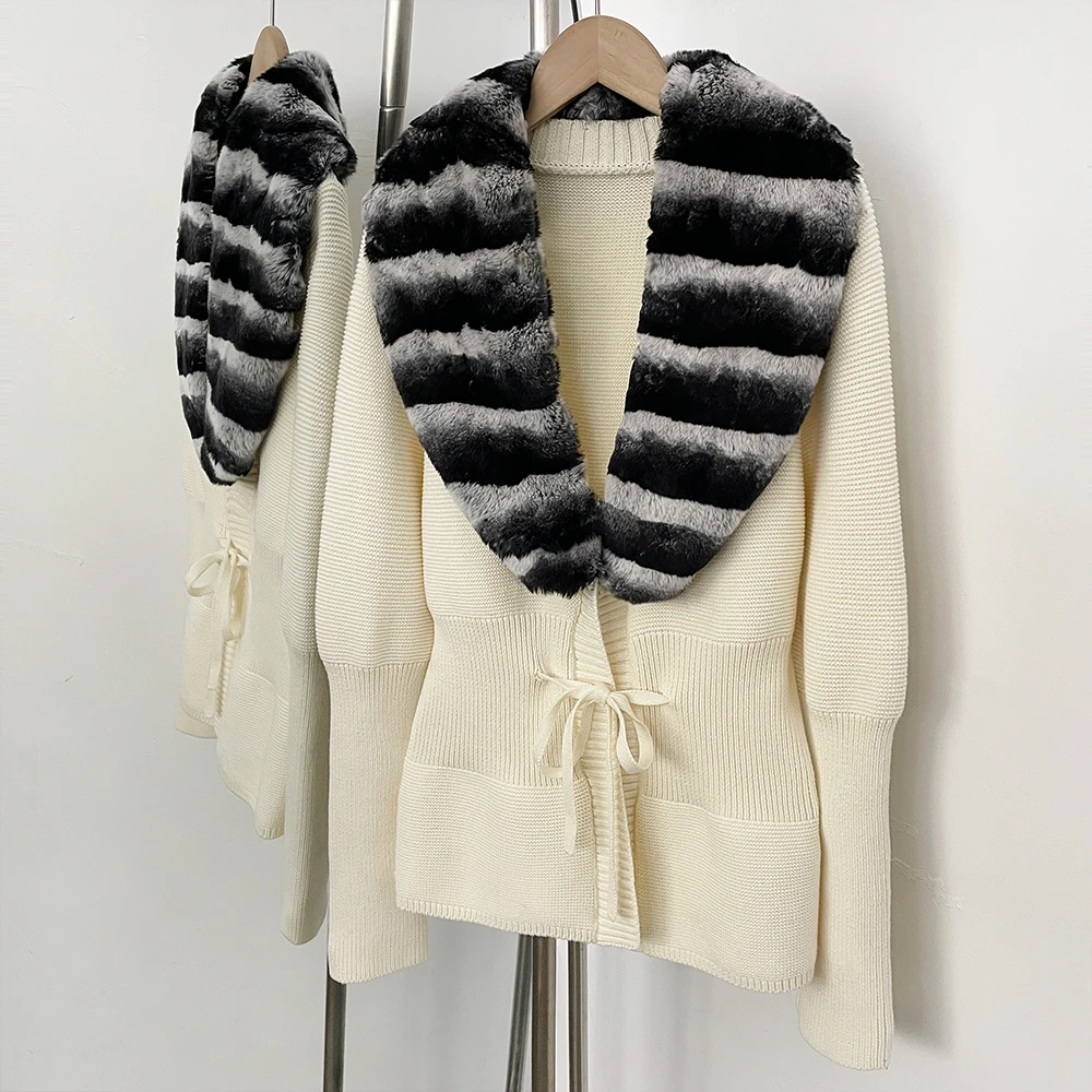

OFTBUY Cardigan for Women Real Fur Jacket Lace Sweater Fur Coat Lady Sweater Fur Detachable Patchwork Knitted Natural Fur Collar