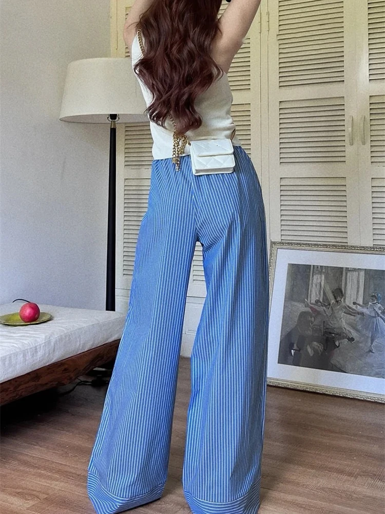HH Women Summer Lace-up Striped Strained Slides Wide-Legging Casual Trousers Female Elegant Commuter High Street Ankle Pants