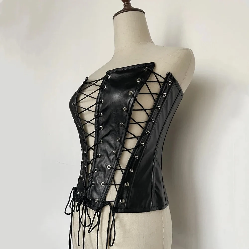 Sexy Bandage PU Leather Corset Womens Hollowed Rope Tie-up Bustiers Gothic Corsets Tube Tops Party Club Outfit Streetwear Summer