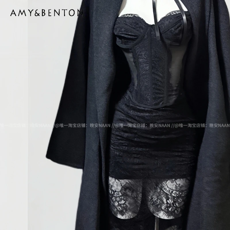 

2025 Autumn Winter New Fishbone Women's Sling Punk Design Black Sexy Lace Hollow Out High Waist Bodycon Skirts 3-piece SetLadies