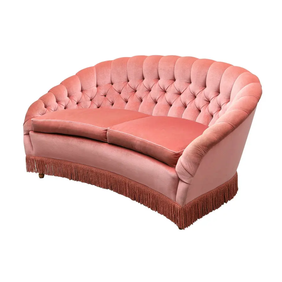 #Swedish Modern pink Velvet Curved Sofa with Fringe Living Room Tufted Small 2 Seater Couch Tassels Farmhouse Loveseat for Sale
