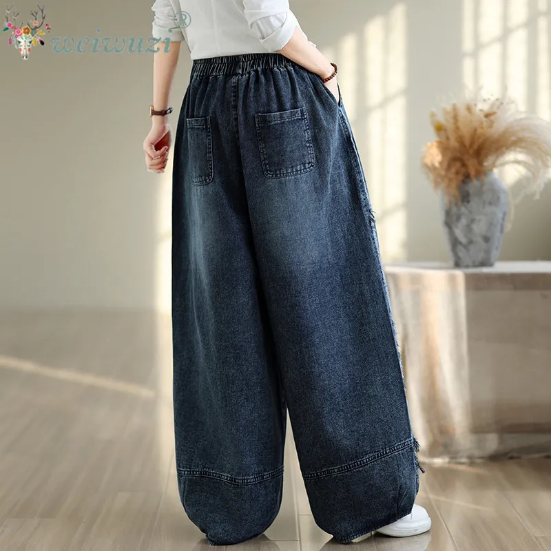 Loose Oversized Wide Leg Denim Pants Elastic Waist Frayed Raw Hem Patch Design Side Pockets Casual Daily Wear Denim Trousers