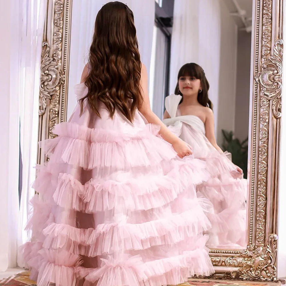 Custom Luxury Dress Wedding Guest Gown Halter Big Bow Multi Layer Ruffle Tulle Kids Gown For Birthday Party Pageant Runway