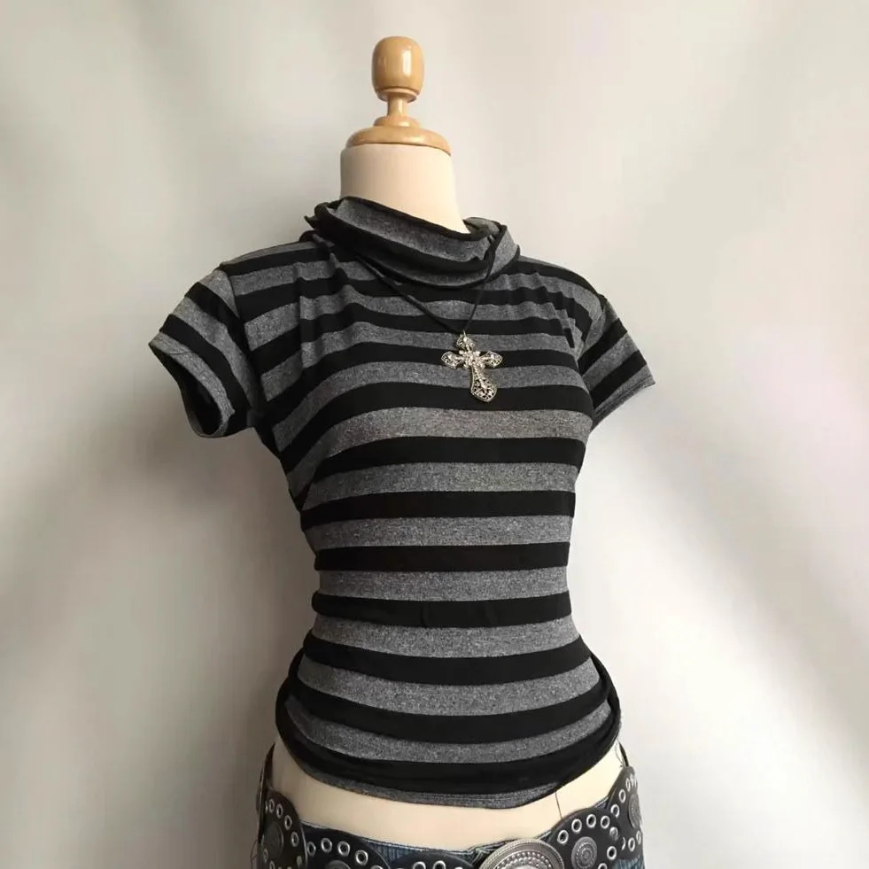 Y2k Crop Top Women Hot Girl Stripe Street Emo 2000s Cloth Summer Vintage Short Sleeve T-shirt Fashion Chic Classic Cute Baby Tee