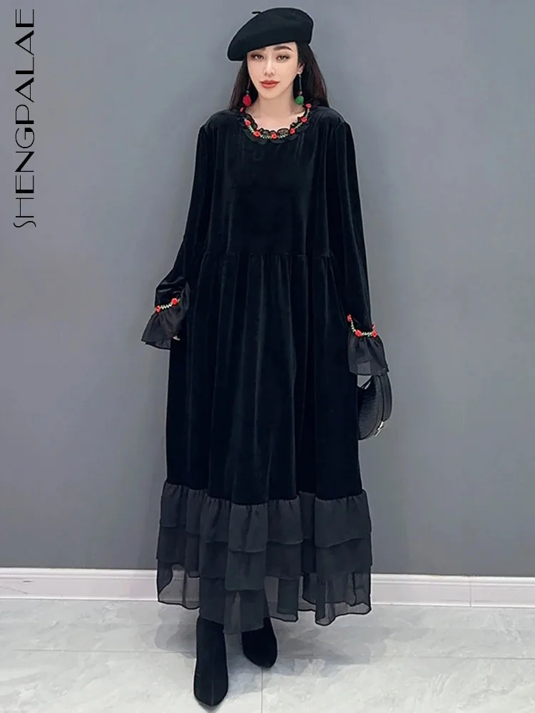 

SHENGPALAE Mesh Patchwork Velvet Dress For Women Winter Fashion Elegance O-neck Full Sleeve A-line Vestido 2024 New Robe 5R8426