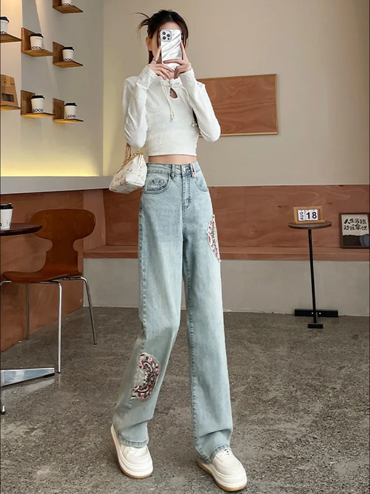 Jean Vintage Bleu Taille Haute pour Femme, Streetwear Brodé à la Mode Américaine, Jambes Larges, Surintendant, Pantalon Baggy Droit Y2K