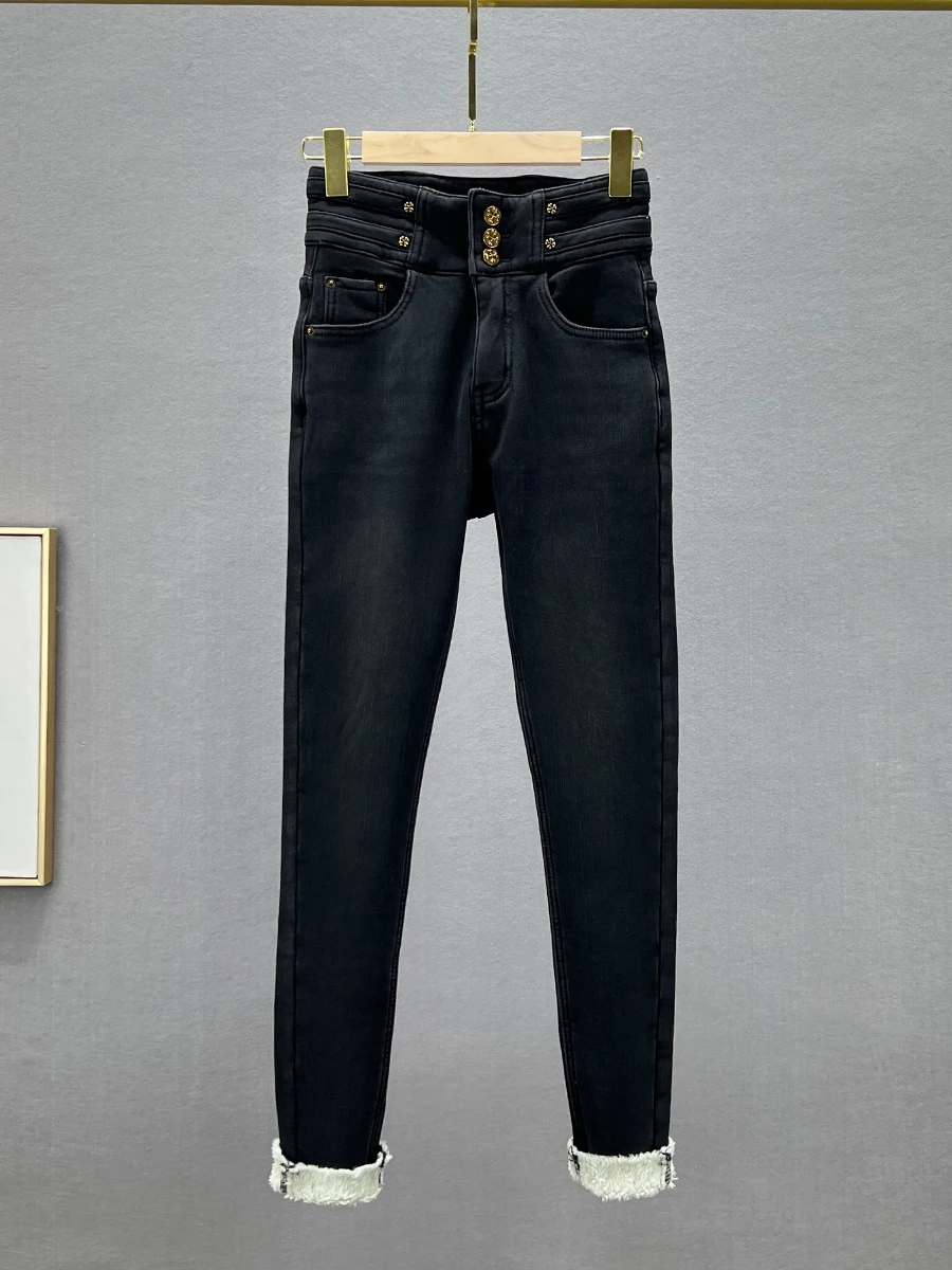 

Women's Fce Lined Thi Denim Jeans High Waist Slim Fit Winter Elastic Pencil Pants Long Trousers Versatile Sli
