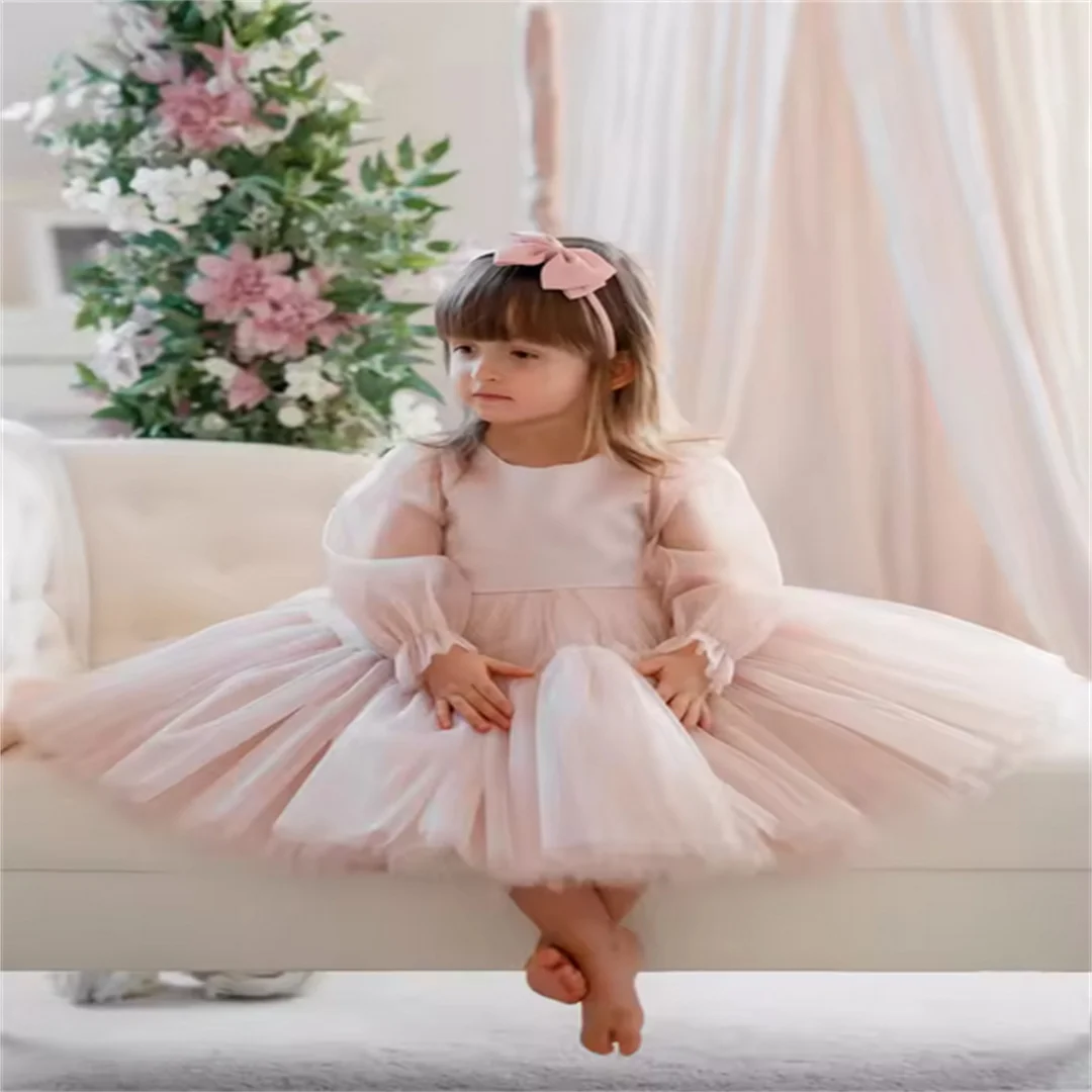 

Customized Flower Girl Dresses Pink Tulle With Bow Belt Feather Sleeve For Wedding Birthday Party Banquet Holy Communion