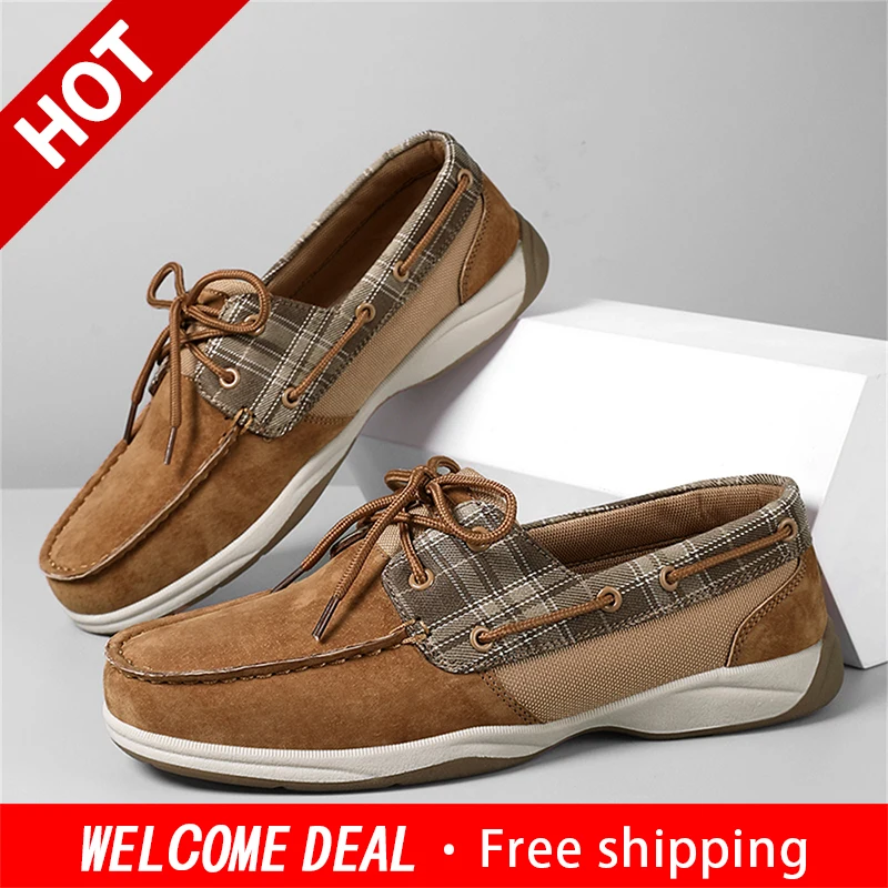 Men's Suede Boat Shoes Plaid Splicing Lace Up Casual Deck Shoes Breathable Lightweight Moccasin Loafers Outdoor Walking Footwear
