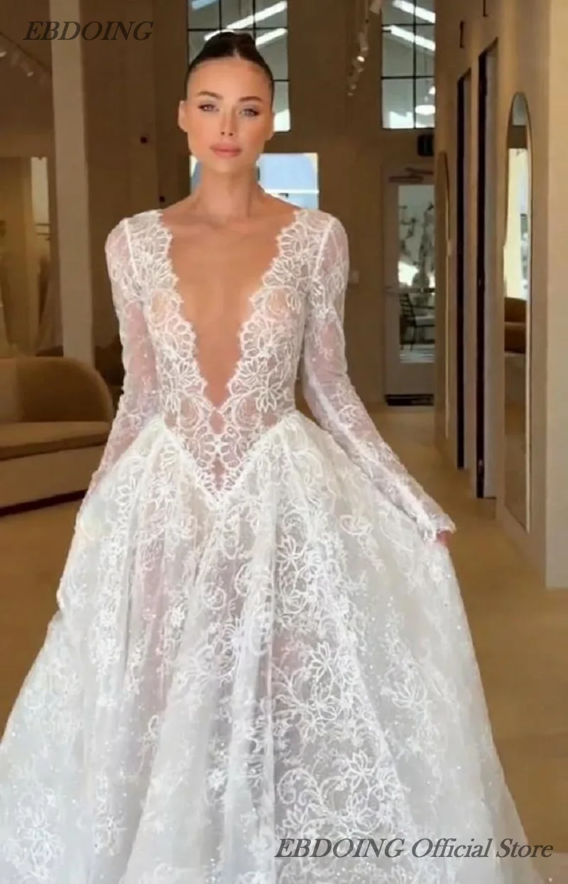 EBDOING Customized Wedding Dress A-Line Lace illusion V-Neck Neckline Full Sleeves Basque Customized Bride Gowns