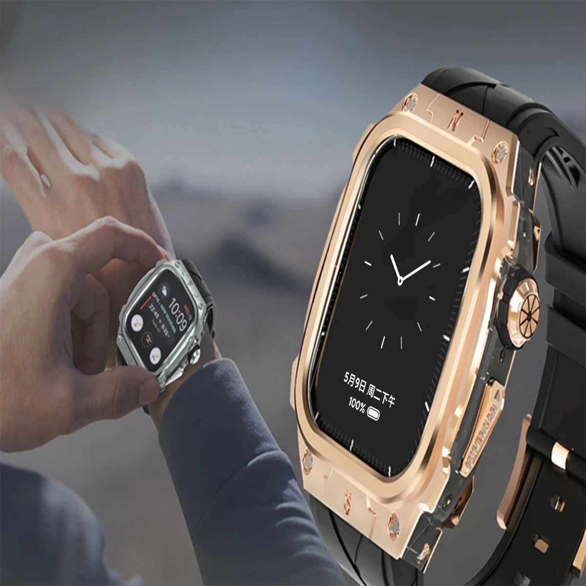 حافظة معدنية فاخرة لساعة أبل 11 10 46 ملم مع غطاء عالي التحمل وحزام من السيليكون للرجال غطاء حماية كامل #5