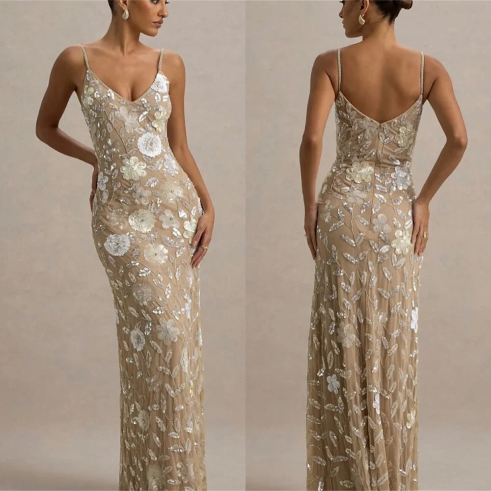 

Customized Delicate Ivory Jersey Evening Dress Elegant V-Neck Spaghetti Straps Cocktail Dress Exquisite Zipper Back Prom Dress