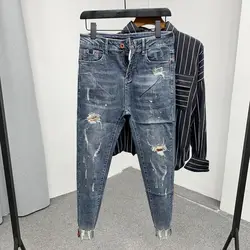 New Fashion Men's Luxury Designer Casual Denim Slim Jeans Ripped Holes Colorful Ink Splatters Spring Autumn Streetwear Pants