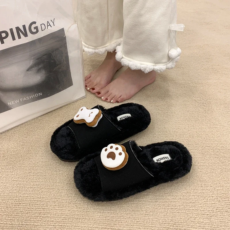 New Winter Women Fashion Cartoon pattern Plush House Slippers Soft comfortable Furry Open Toe Non Slip Cotton Slippers Female