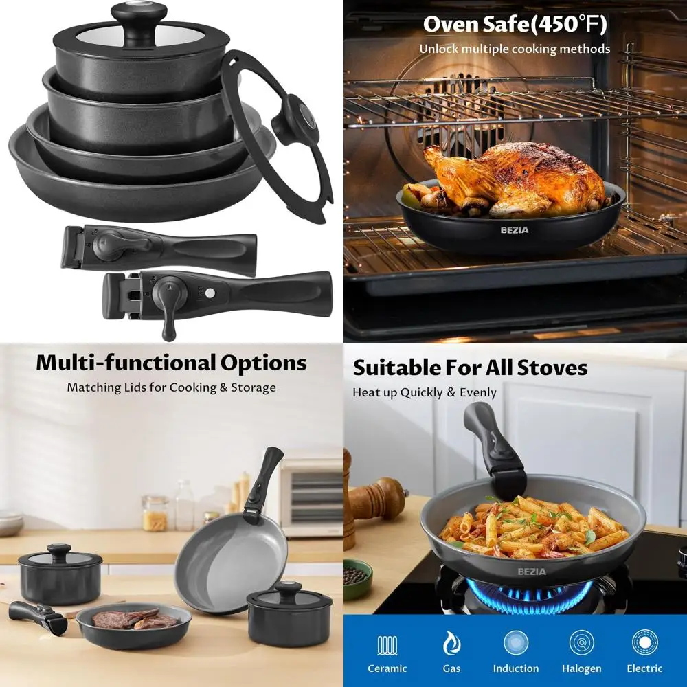 

Nonstick 10-Piece Induction Cookware Set with Detachable Handles, Oven-Safe Ceramic Coating, Ideal for Camping and RV Kitchens