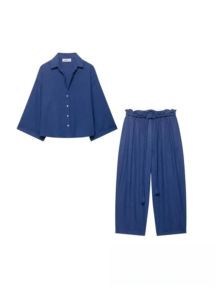 

KONDALA Casual Chic Women Blue Solid Suit Single Breasted Turn-down Collar Blouse Loose Straight Pants Fashion 2025 Autumn Suits