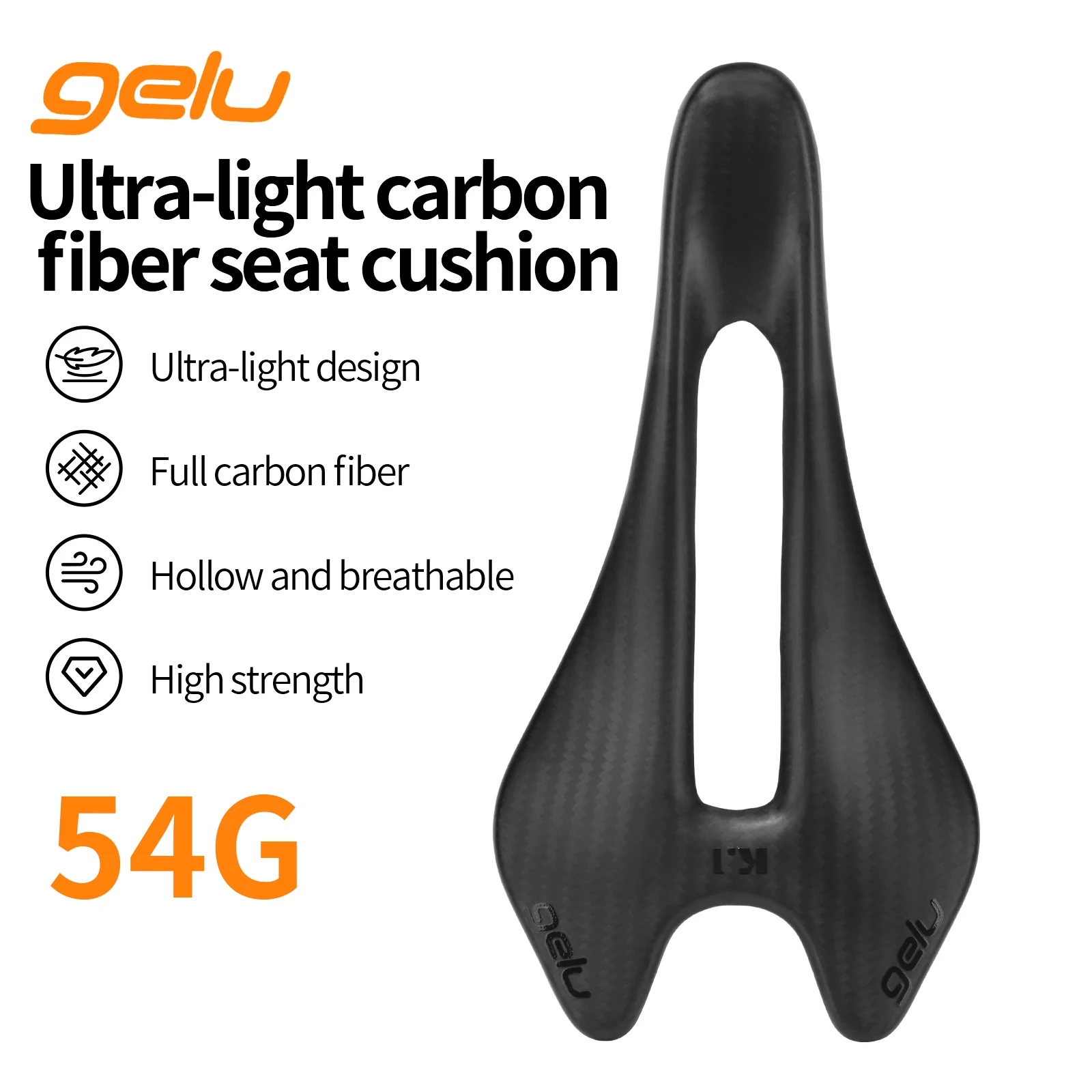 Gelu Carbon Fiber Road Saddle Ultralight 54g Ergonomically Designed Full Carbon Double-Track Hollow Breathable Bike Seat Cushion