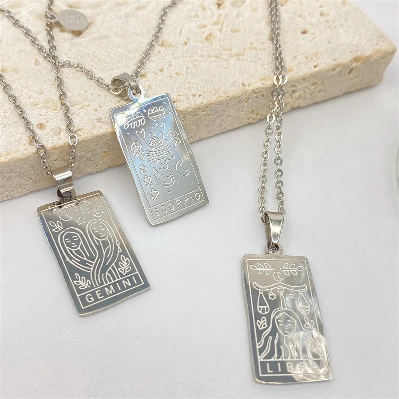 12 Constellations Square Pendants Stainless Steel Zodiac Sign Necklace for Women Men Clavicle Link Chain Necklaces Collar