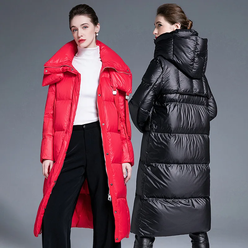 Trendige Hochwertige Unisex Lange Daunenjacke Überknie-Pufferjacke Damen Herren Verdickte Winter Lose Warme Weiße Entendaunen-Mantel