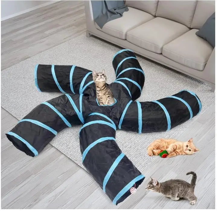 Tunnel de jeu en forme de S avec 5 voies interactives, papier froissé et trous de surveillance, tissu en polyester résistant aux déchirures, structure en acier à ressort, pliable et portable pour chats, lapins, furets, jouet d'enrichissement pour cachettes, chases et chasses, tunnel d'activités pour animaux de compagnie, cadeau