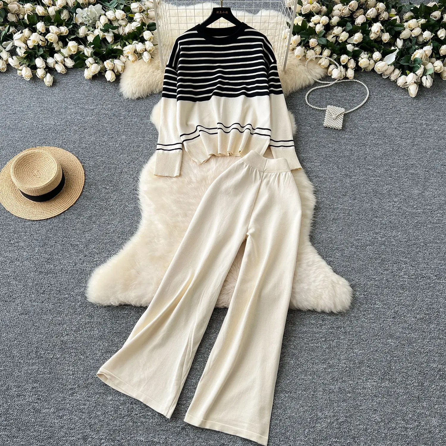 

Pant Set Women Two Piece Sets Striped Round Neck Full Sleeve Tops Knit Wide Leg Long Pants High Waist Y2k Streetwear Elegant