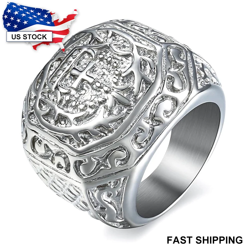 316L Stainless Steel Ring for Men Rock N Roll Carved Cross Crown Mens Ring Silver Color Fashion Jewelry Gift US Size 8-13 DHR141