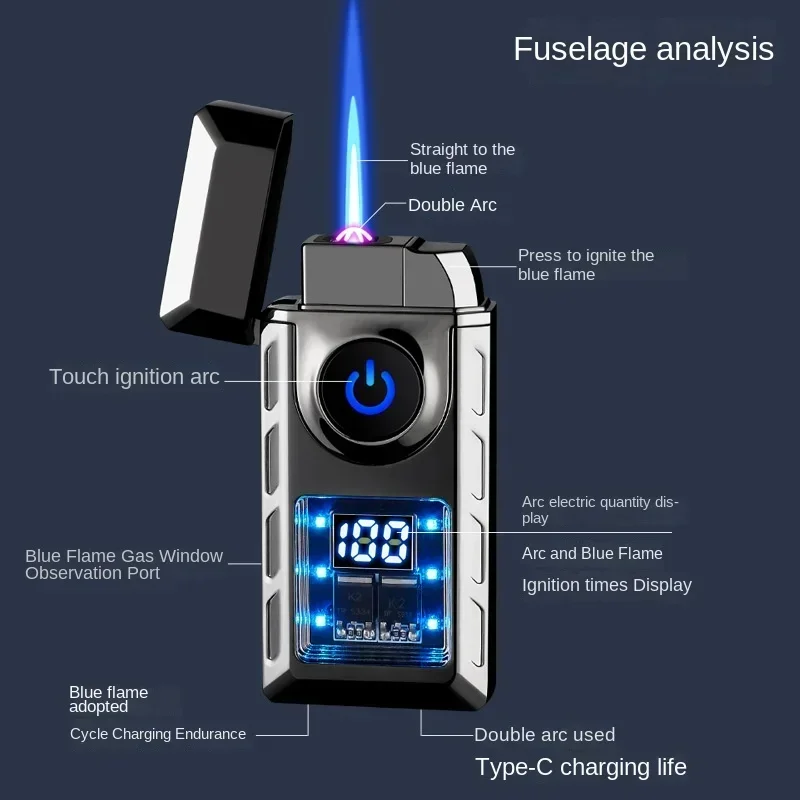 Hot Sales New Electronic Pulse Cigarette Lighter Gas and Electric Digital Display Double Arc Windproof Butane Gas Lighter