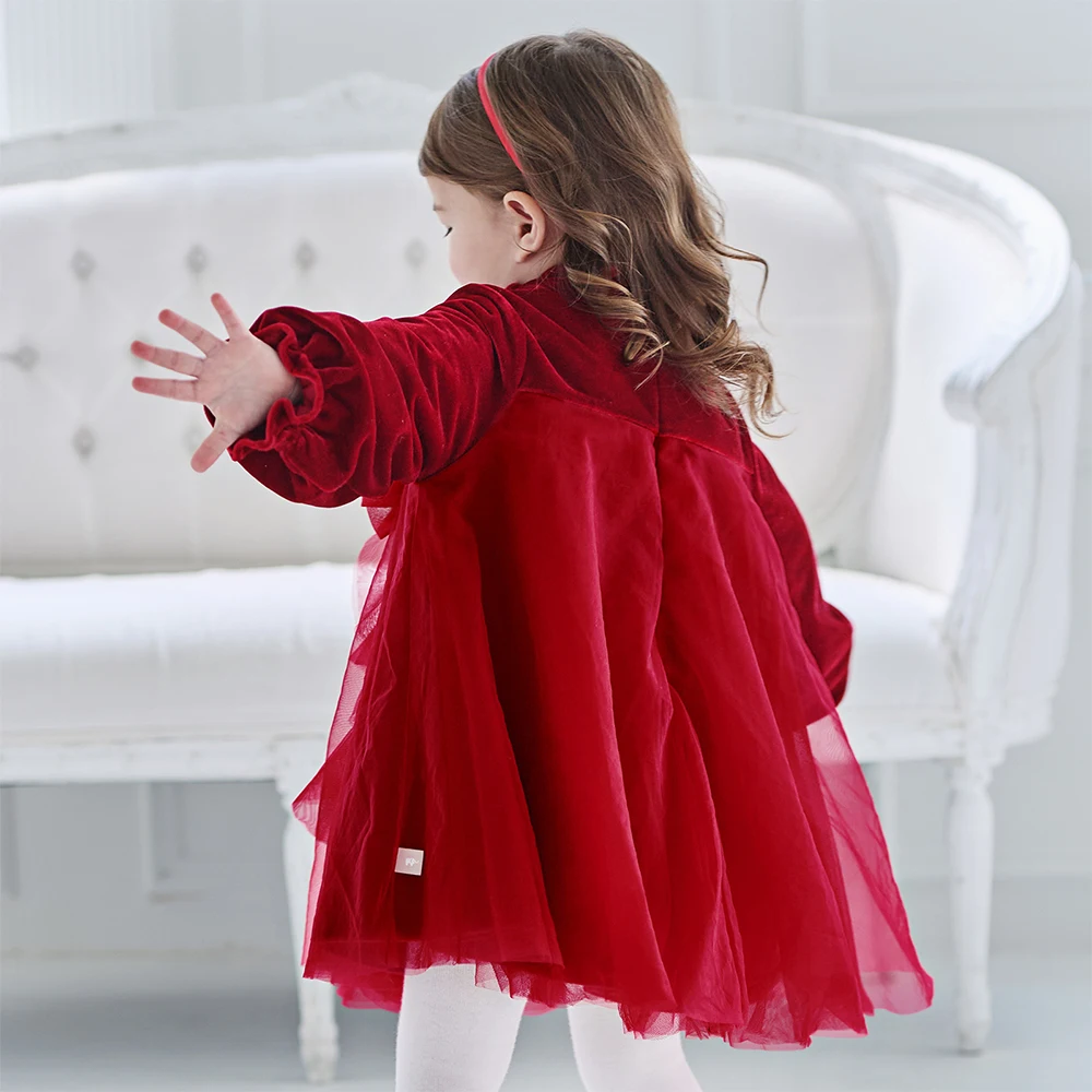 ديف بيلا الفتيات الأميرة المخملية فستان الشتاء الطفل لطيف سحر الدانتيل فستان شبكي حفلة سميكة طويلة الأكمام ملابس خارجية حمراء DB4254215