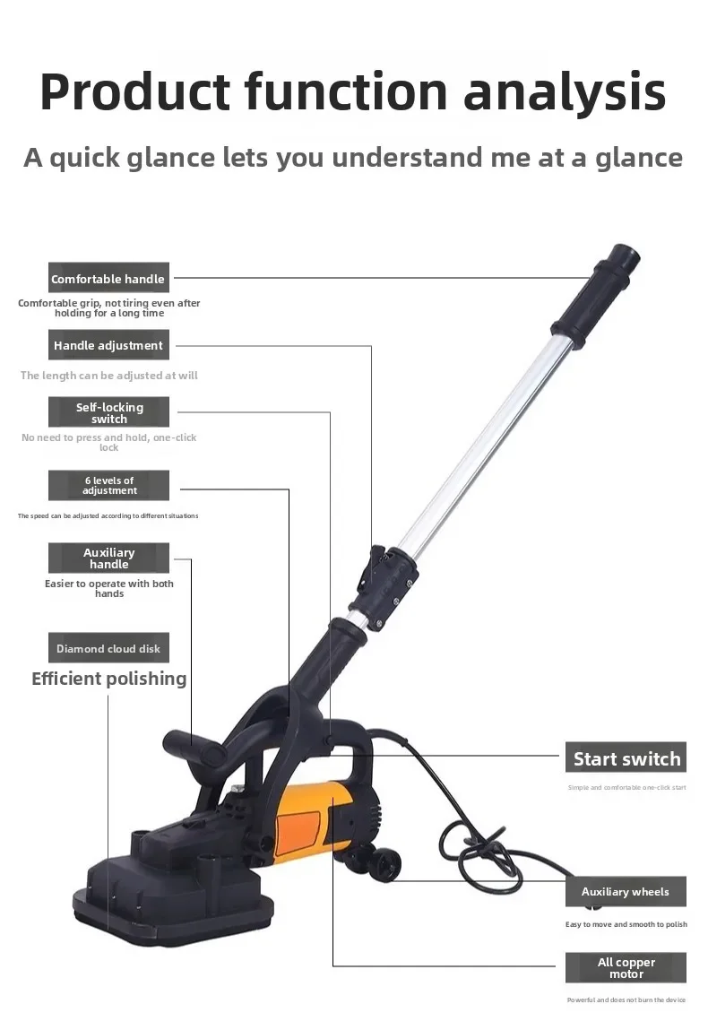 Handheld Construction Rough Grinder with Extension Rod for Cement Wall and Concrete Floor Plastering