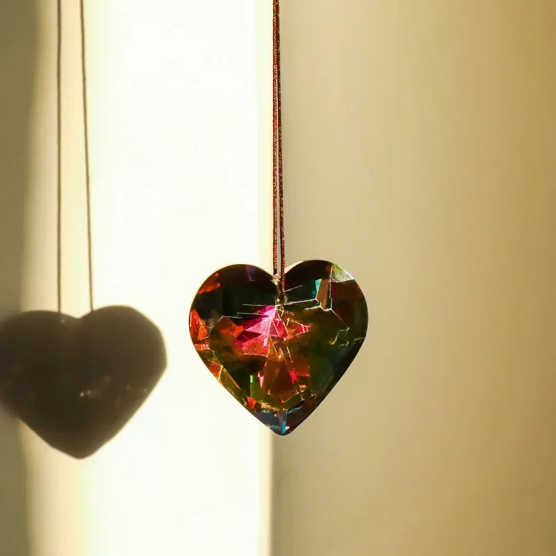 Sunlight Catcher Crystal Prism Pendant Rainbow Glass Prism Necklace with Aurora Heart Design for Light Refraction & Decoration