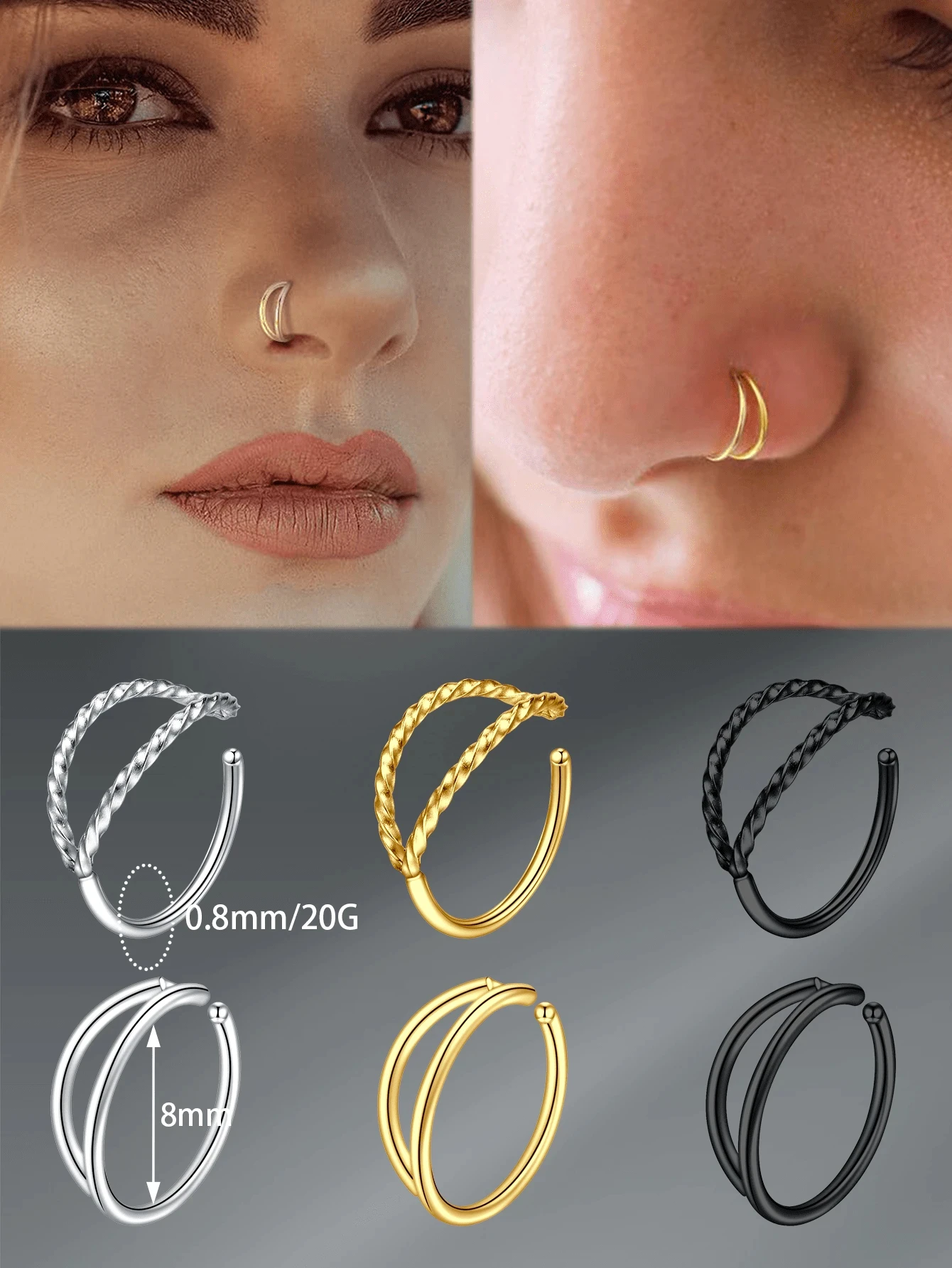 1pc Stainless Steel Cubic Zirconia 20G Nose Ring For Women Double Nose Ring Hoop Nose Piercing Jewelry Simple Stud Earring view 4