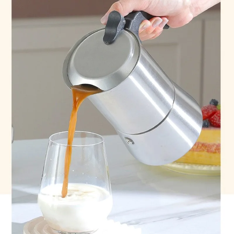 وعاء موكا فاخر من الفولاذ المقاوم للصدأ 304 - ماكينة صنع اسبريسو صمام مزدوج للموقد والتخييم والمكتب - ماكينة صنع القهوة الإيطالية 200/300 مل