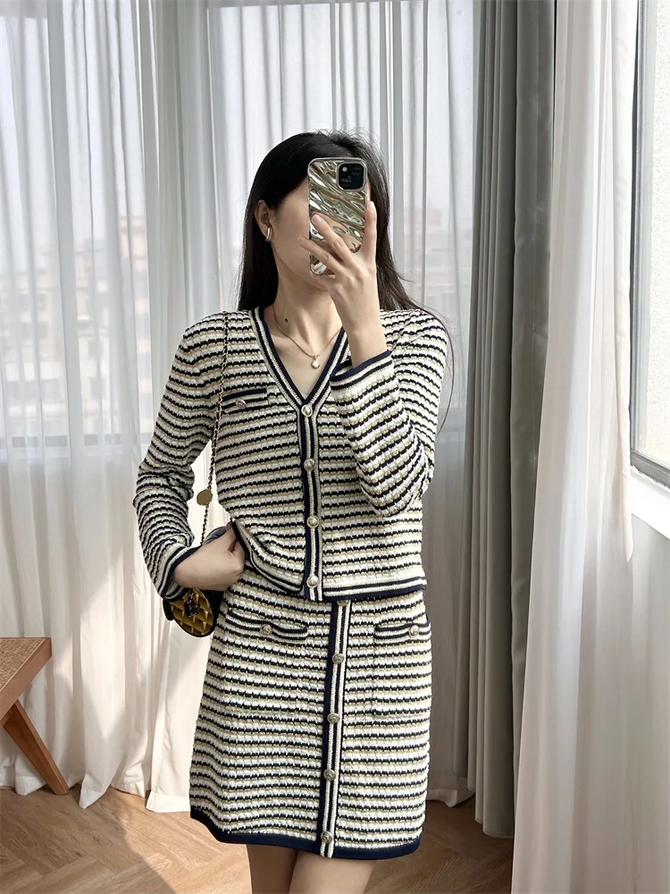 Women Striped Knitted Summer 2024 Elastic Waist A-Line Mini Skirt or V-Neck Single Breasted Long Sleeve Cardigan