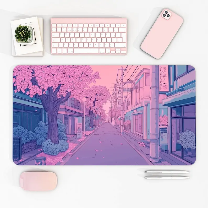 

Pink cherry Blossom Street mouse pad, large game computer mechanical keyboard pad, HD printed rubber, anti-slip and washable