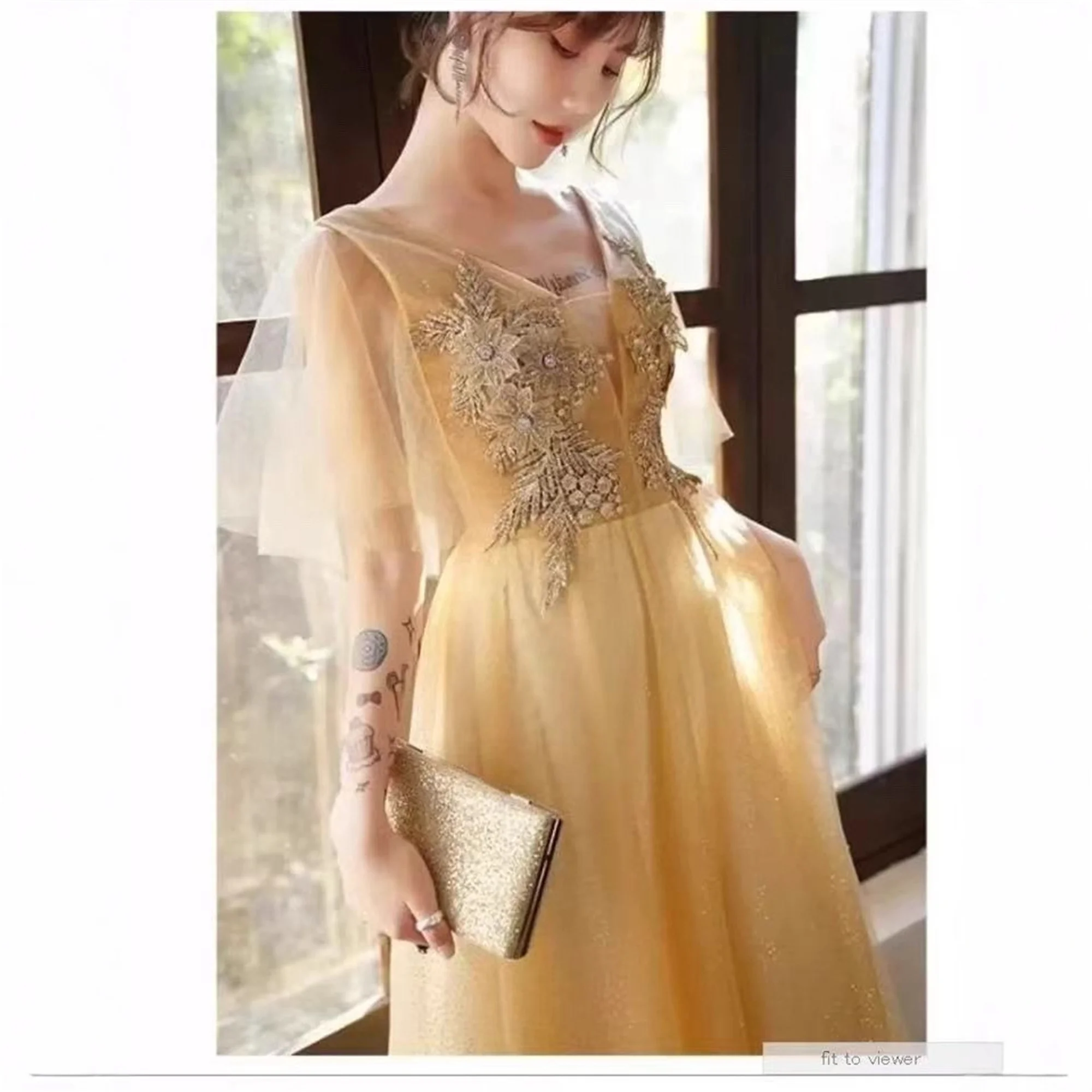 فساتين سهرة عصرية بأكمام تشبه جناح الخفّاش مزينة بسباركلي ورقبة على شكل حرف V فساتين كوكتيل طويلة للنساء أنيقة للمناسبات الرسمية #3