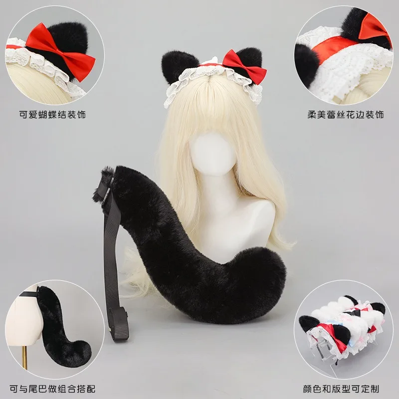 Bonito lolita conjunto meninas cocar arco orelhas de gato grampos de cabelo/bandana/cauda jk anime festa cosplay acessórios de pelúcia orelha de gato headwear