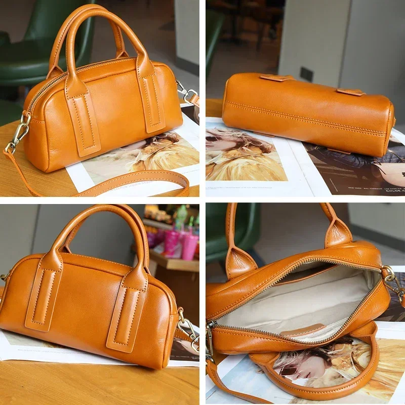 

Natural Full Grain Cow Leather Shoulder Bag Classic Soft & Durable Cowhide Purse for Women Luxury Retro Commuting Handbag