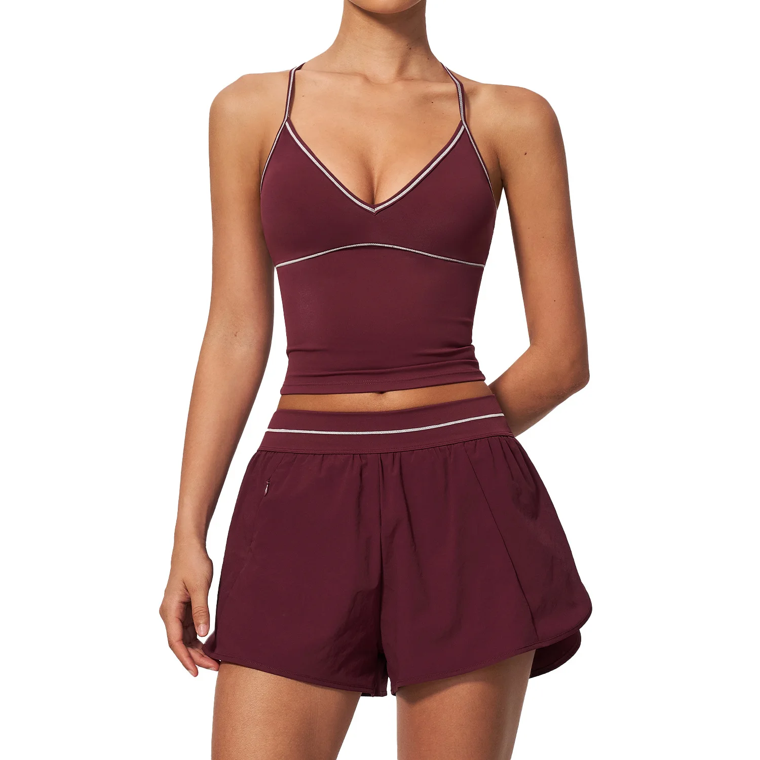 Women 2Pcs Sport Set Sexy Back Contrast Piping Shorts with Built in Liner and V Neck Crop Top for Gym Tennis Yoga Sportswear