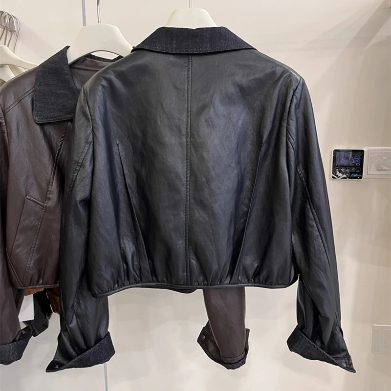 女性ショートレザージャケット新作春秋ターンダウンカラージッパースタイルヴィンテージ多用途カラーブロッキングソフトブラウンPUコート