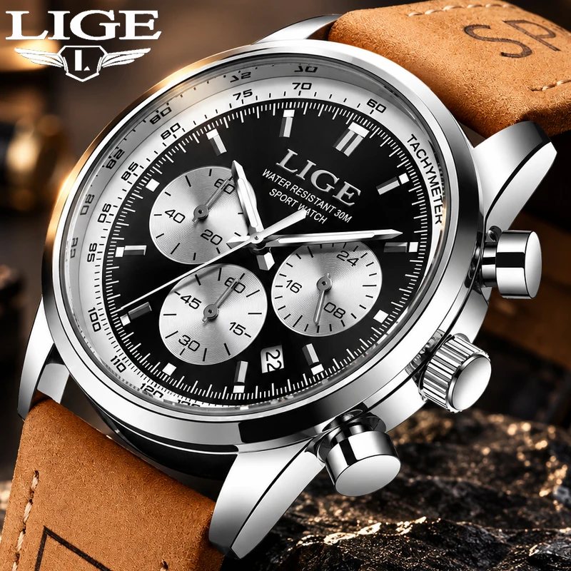 LIGE Top Brand Luxury Brown Leather Watches For Men Fashion Military Sport Waterproof Quartz Date Chronograph Relogio Masculino