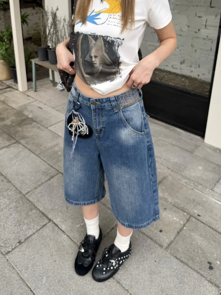 

Washed Denim Capri Pants Women's Summer Loose Fit High Street Cleanfit Bamboo Node Paris Button Jeans American Retro Style