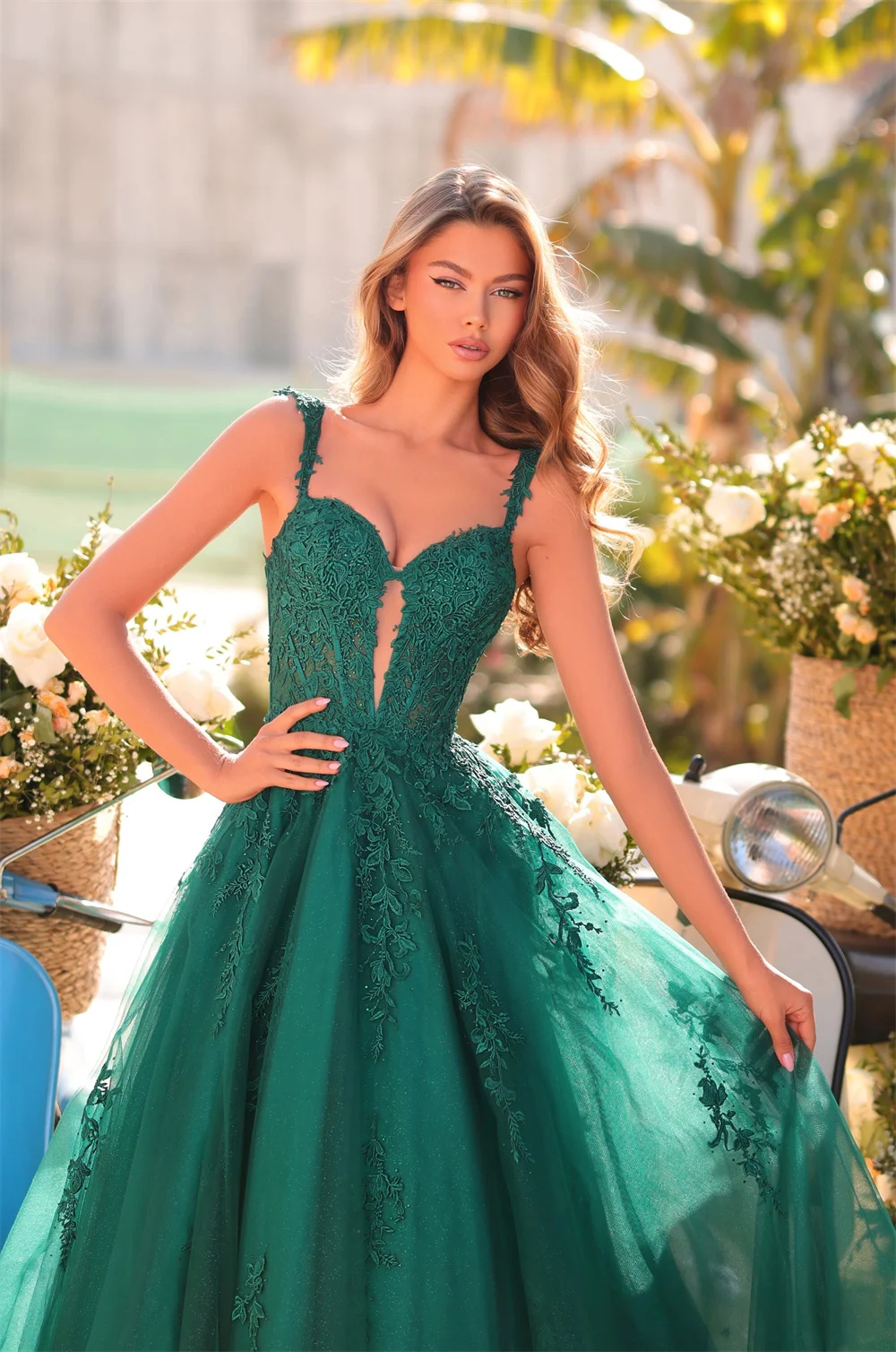 Cathy Aangepaste Groene Prachtige Applique A-lijn Galajurk Bloemen Bandjes Cut-out vestidos de noiva Vloerlengte Avondjurken