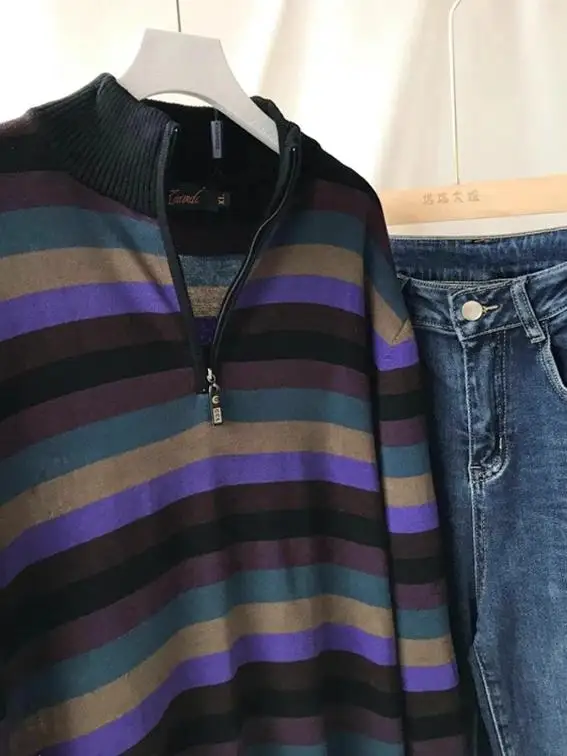 

Свободный крой, вязаный свитер из чистого хлопка, большой размер, в полоску с воротником-стойкой, осень-зима, модная городская одежда...