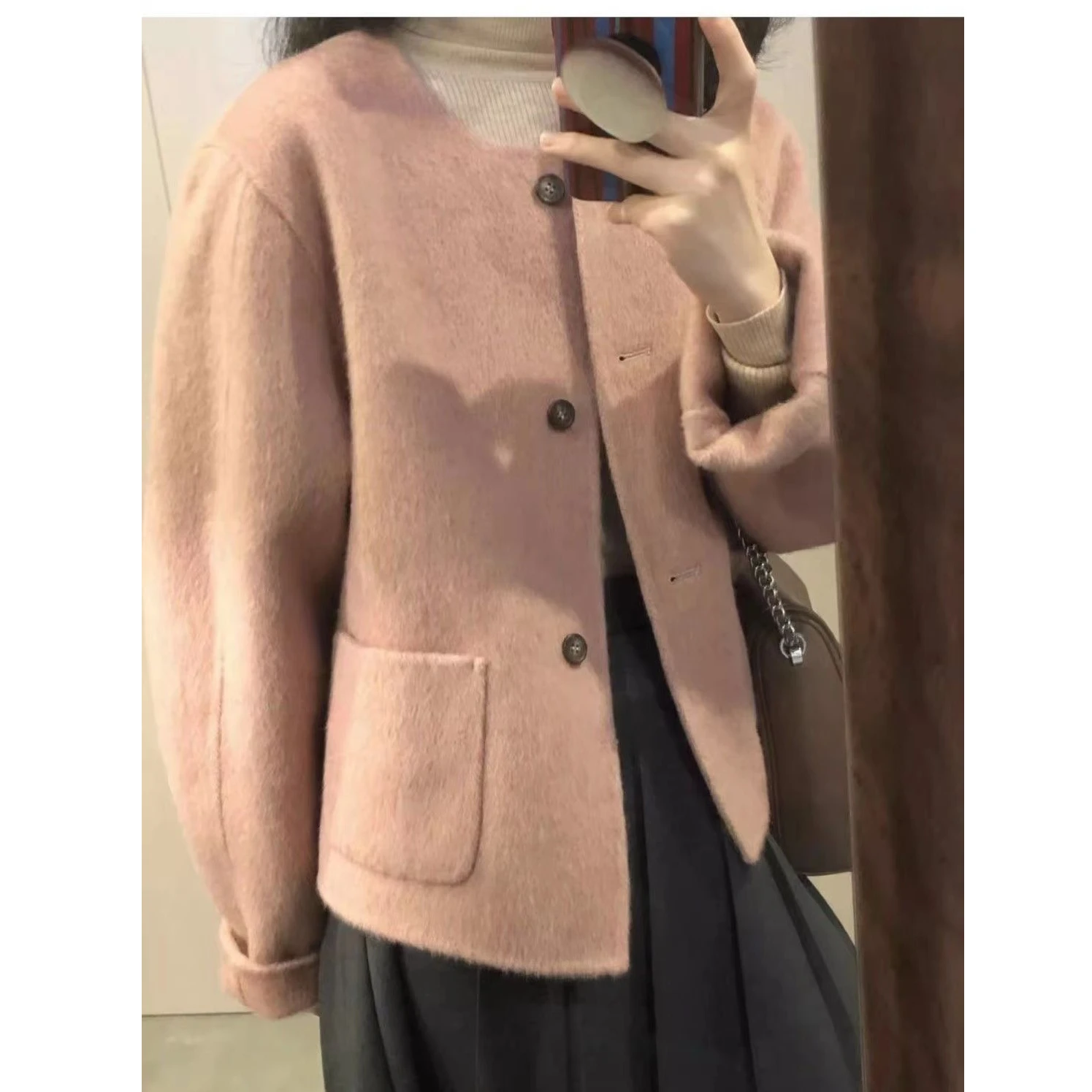 Abrigos de mezcla de lana Abrigo de lana para mujer Algodón añadido Otoño Tweed Bloqueo de color Cremallera Cortada Cuello alto Manga de globo Cara
