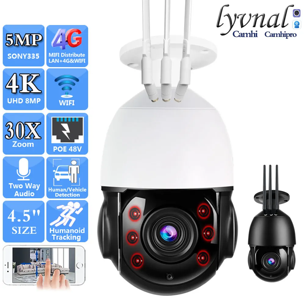 

Pendant Bracket 3G 4G SIM Card 4K 8MP Wireless Security Wifi PTZ Dome 30X Auto Zoom 5MP POE Two Way Audio Human Tracking IR 80M