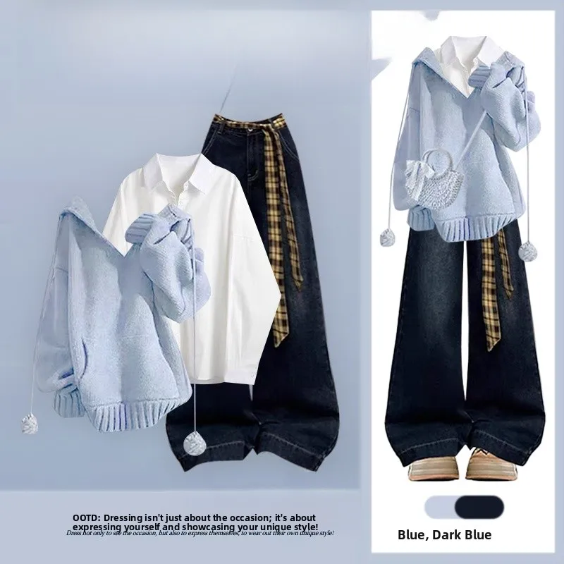 

Korean Sle Knitted Hat Wide Leg Jeans Tee Piece Set for Women Casual Loose Fit Long Sve irt And Sweater Combo