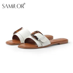 Samilor Womens Sandals Square Toe Flat Slippers Women Wide Fit Leather Slides Dressy Summer Shoes Outdoor Daily Casual Shoes