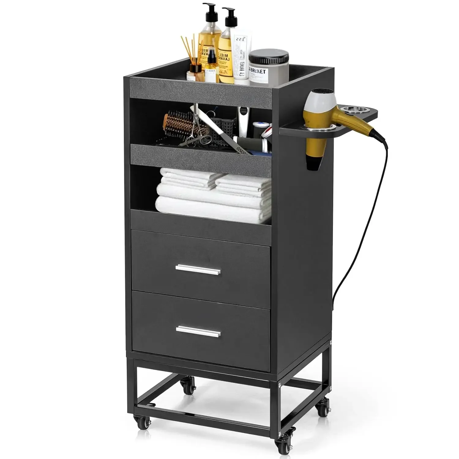 

Beauty Salon Trolley Cart, Rolling Hair Cart with Lockable Wheels, 2 Drawers, 3 Tool Holders, Mobile Makeup, Customized