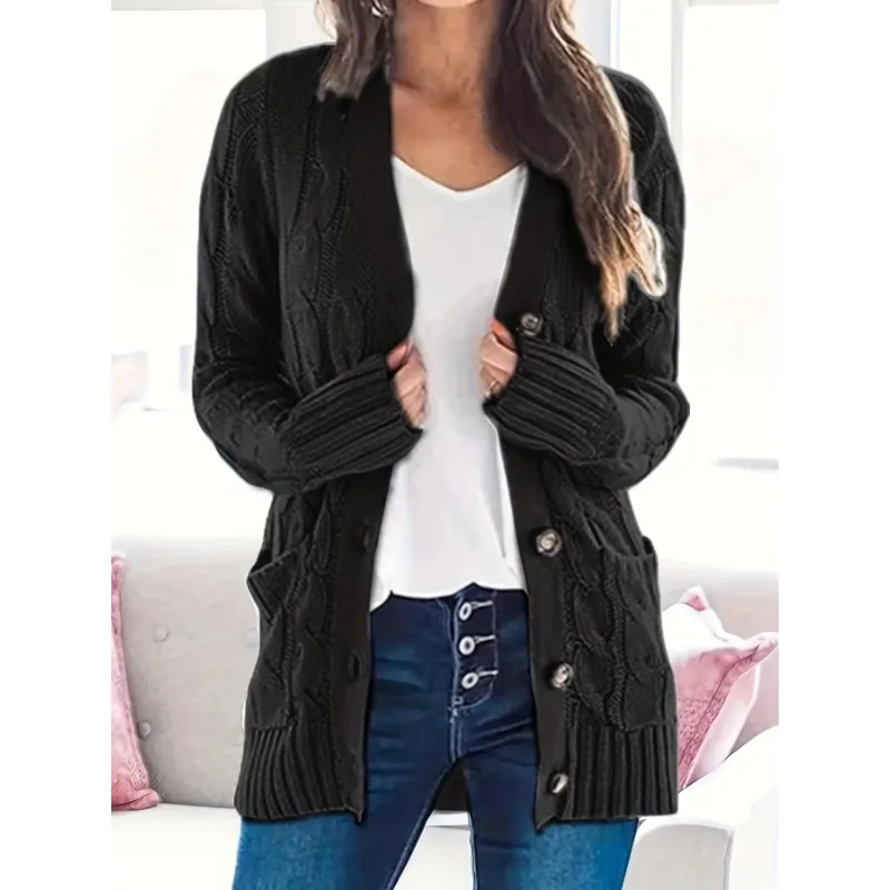 

Новый женский вязаный топ больших размеров с длинными рукавами, куртка-кардиган, осень/зима, повседневный однобортный модный топ с v-образным вырезом