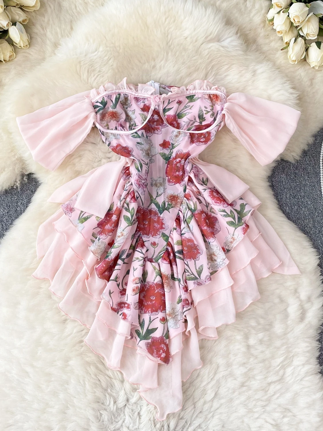 Pure Desire Vestido curto com babados e ombros de fora, design de verão, f, estilo doce, cintura alta, linha A, vestid...